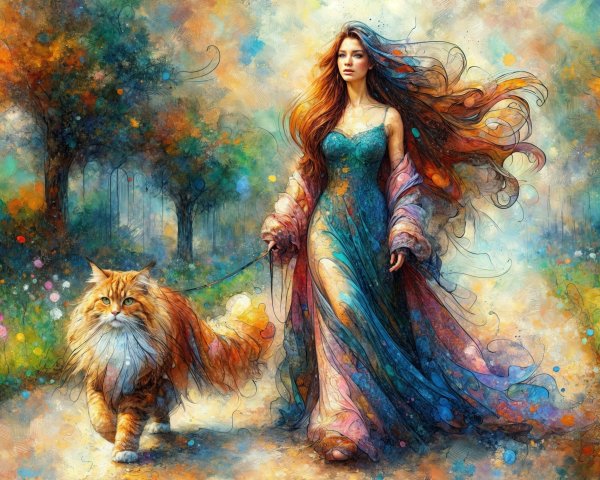 Woman with Red Hair and Cat in Dreamy Landscape