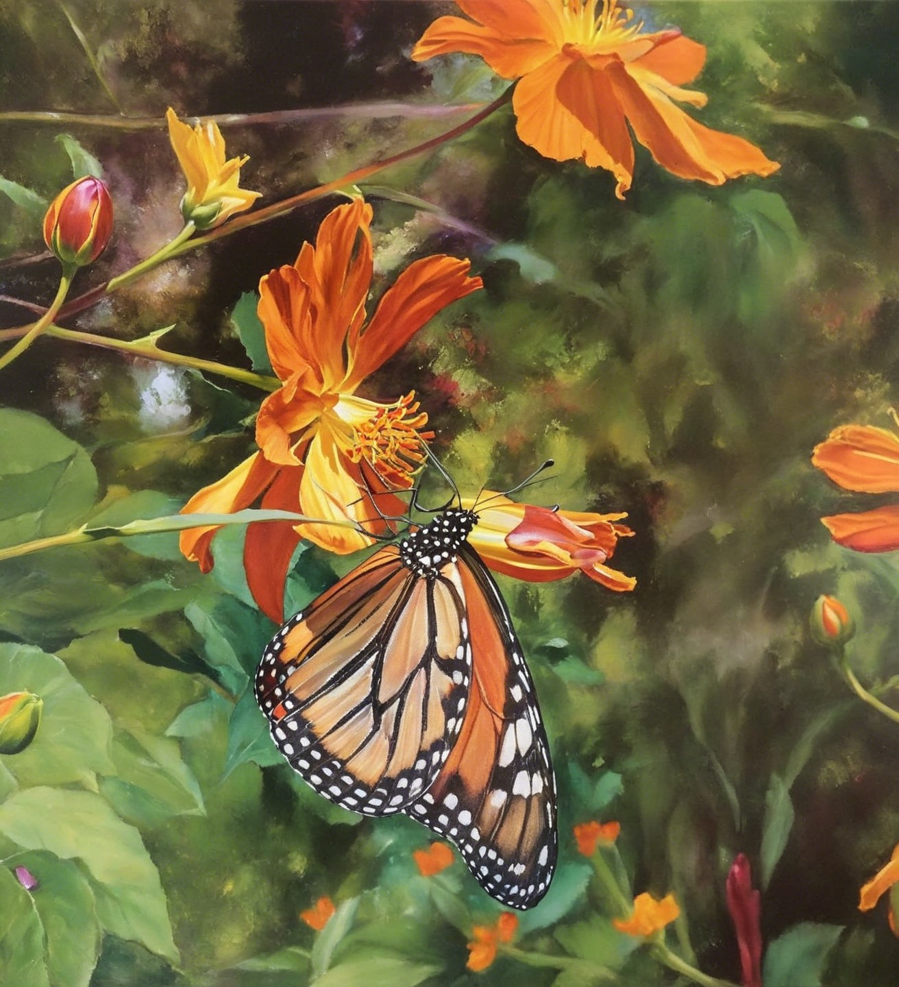 Monarch Butterfly on Orange Flowers in Lush Garden