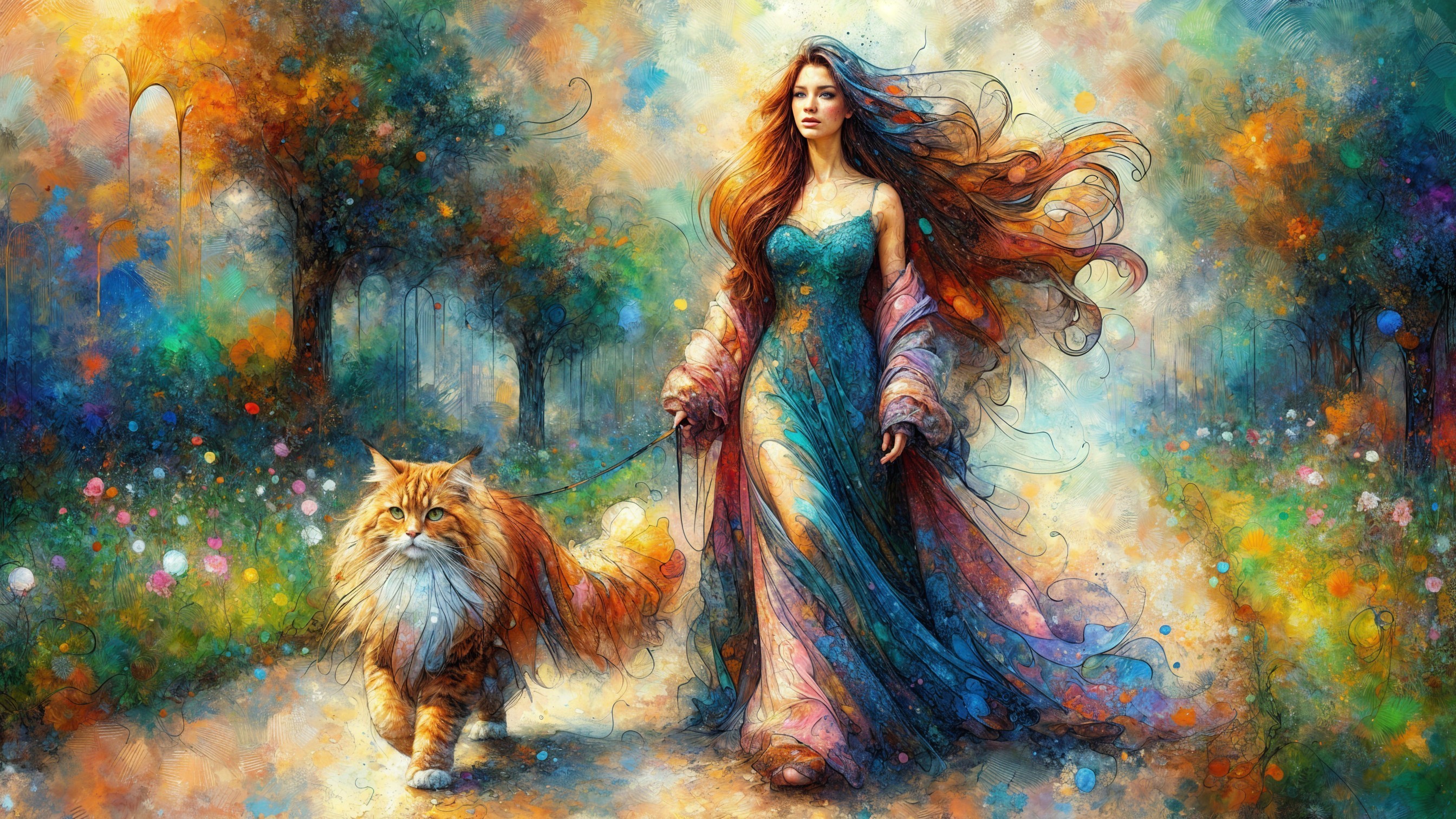 Woman with Red Hair and Cat in Dreamy Landscape
