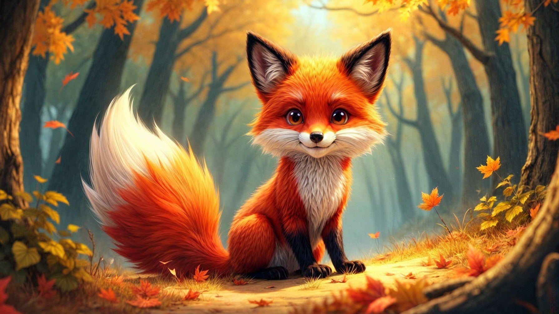 Friendly orange fox in serene autumn forest scene