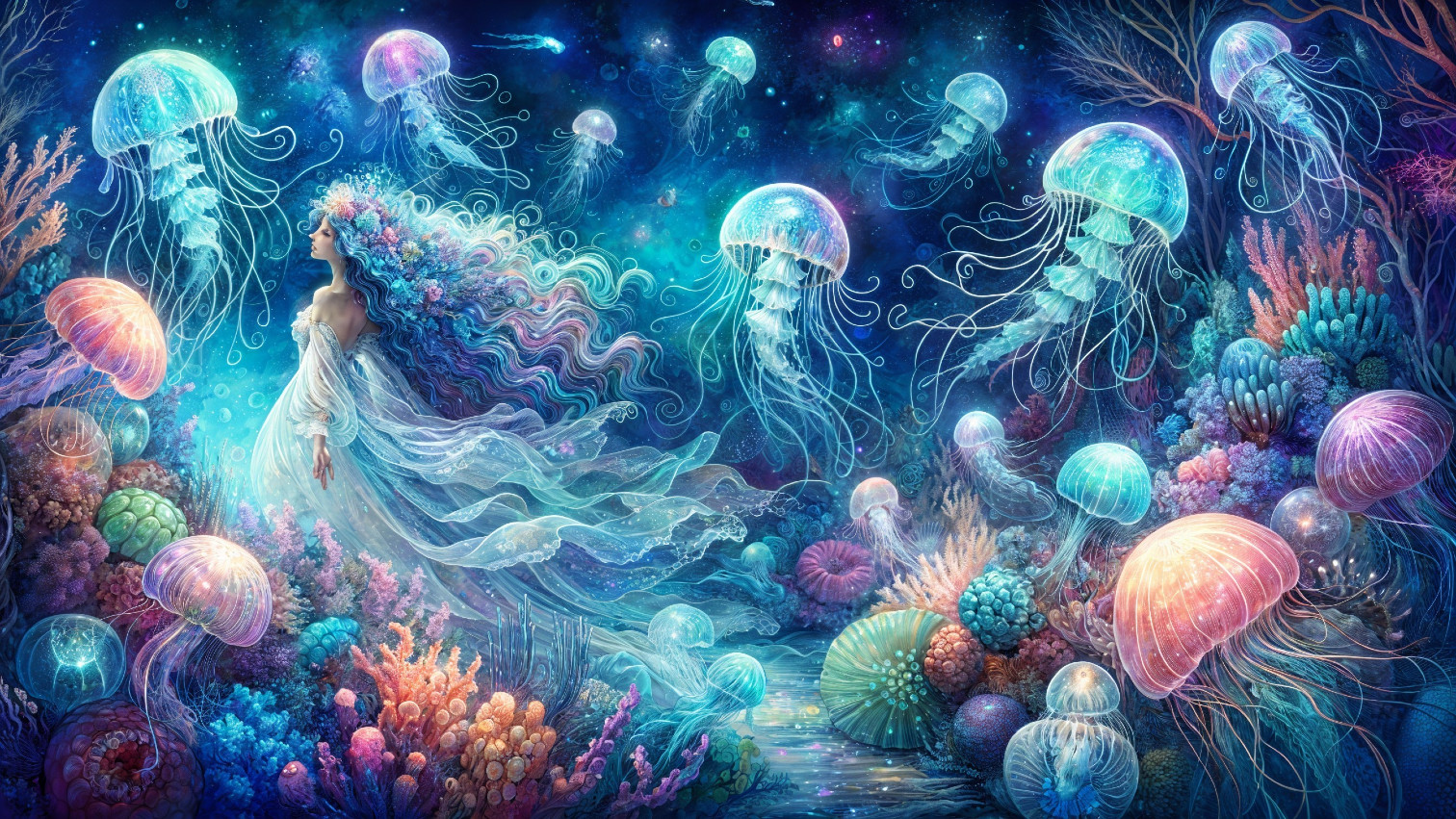 Dreamy Underwater Scene with Coral Reefs and Jellyfish