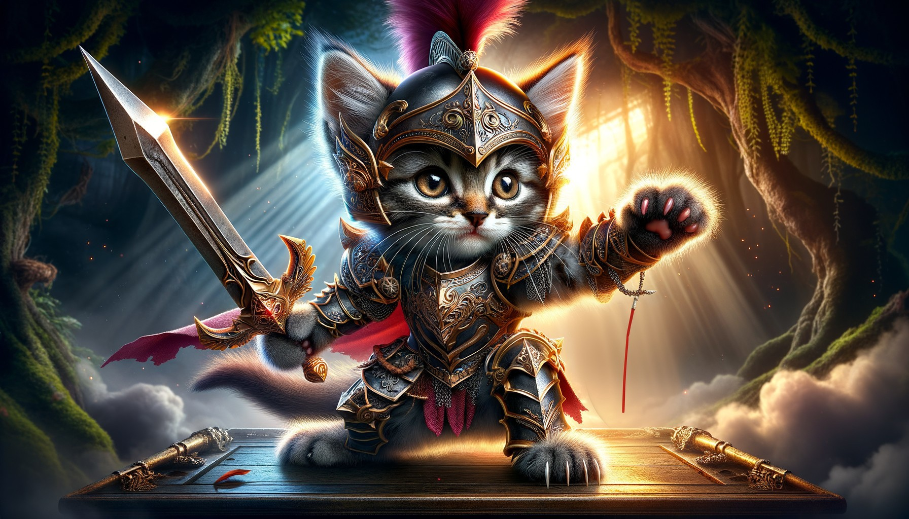 Kitten in Armor with Sword in Enchanting Forest