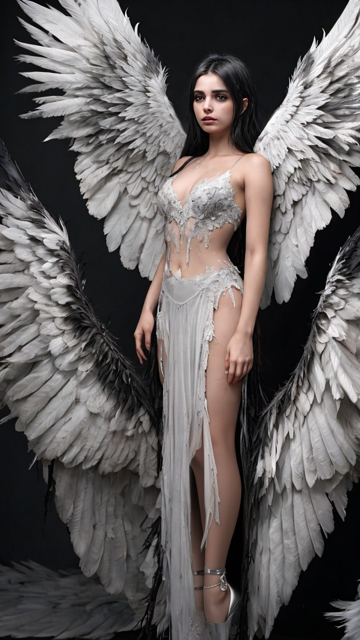 Ethereal figure with wings in a dark backdrop