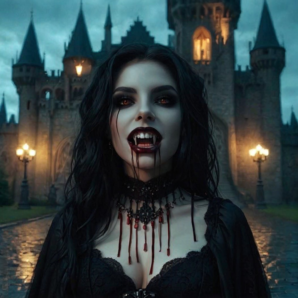 Gothic Woman in Dark Attire by Castle at Twilight