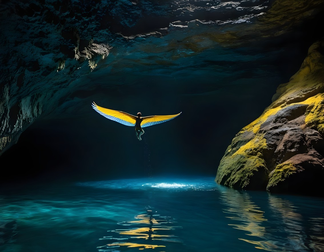 Majestic Bird Above Tranquil Underground Lake