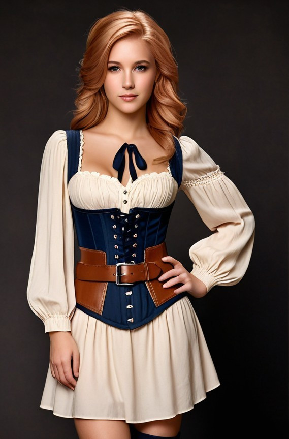 Young Woman in Navy Corset and Cream Dress