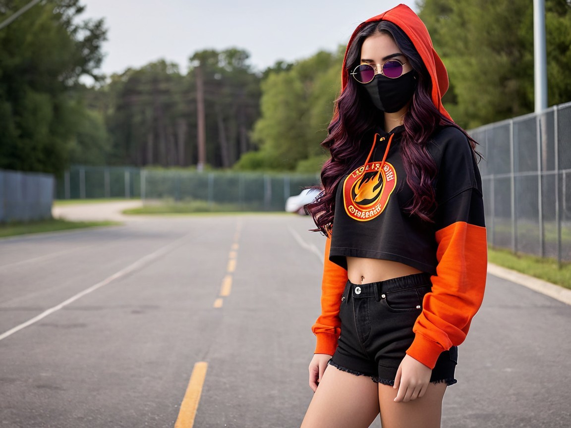 Young woman in trendy outfit on empty road