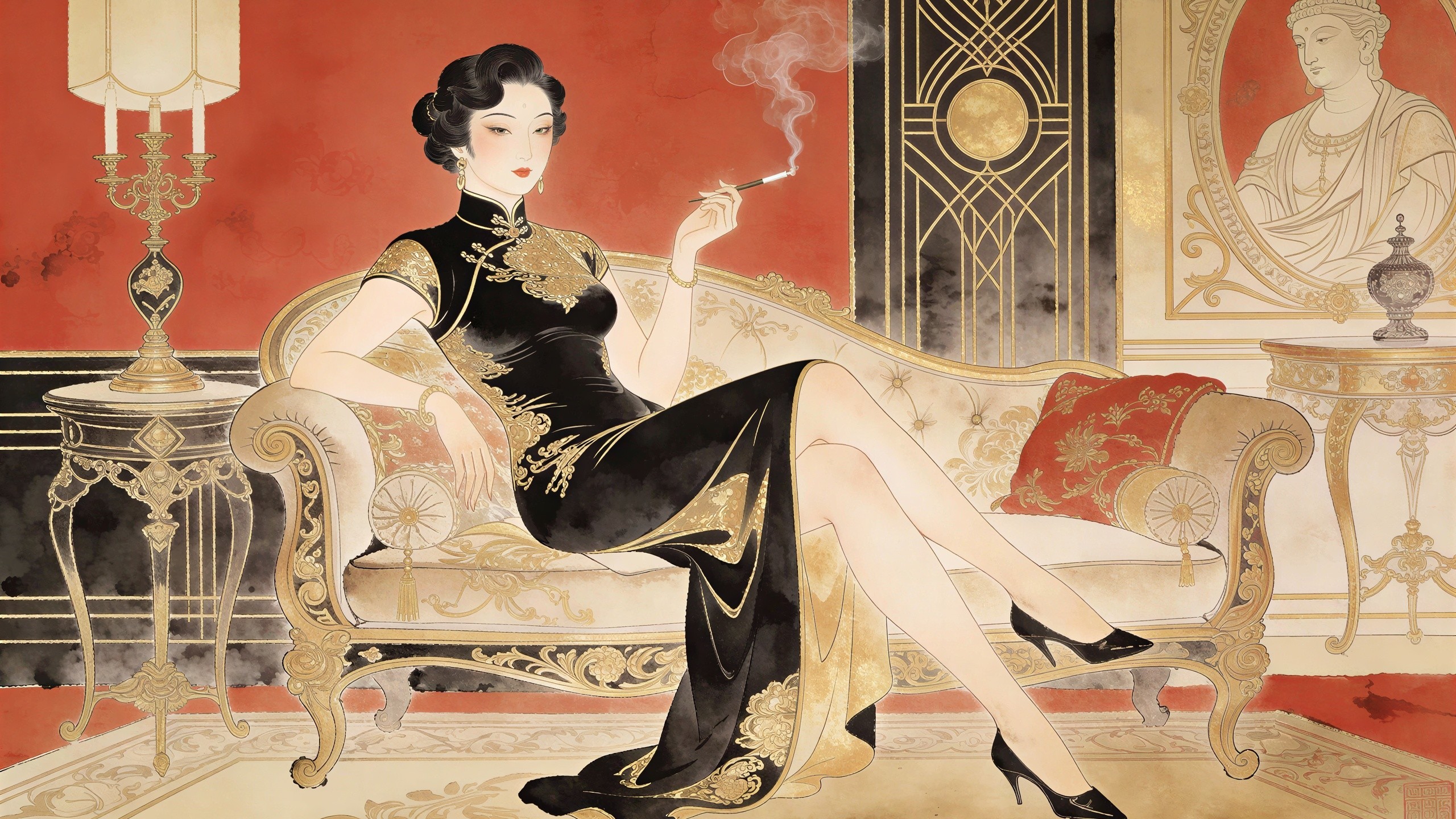 Elegant Woman in Black and Gold Cheongsam on Sofa