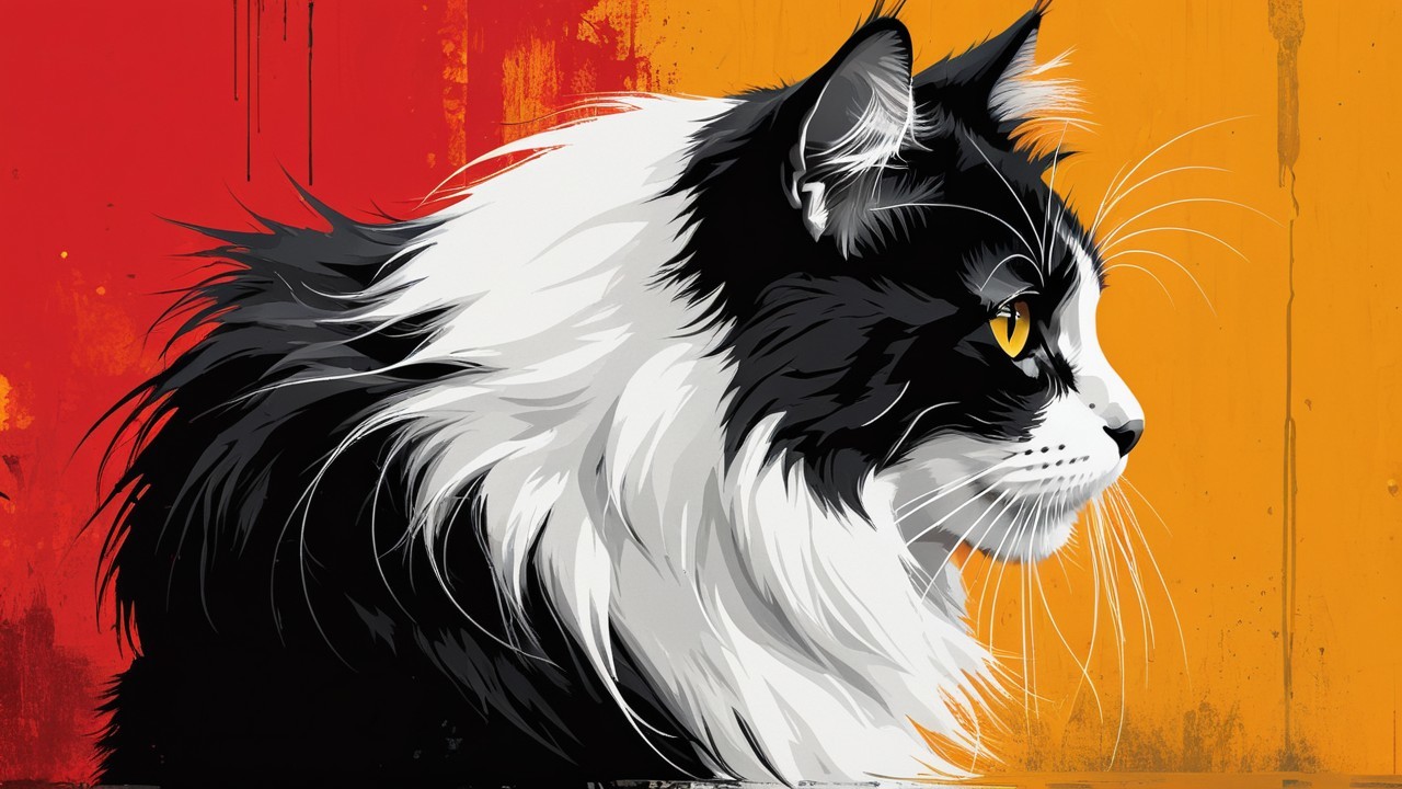 Stylized Black and White Cat Illustration with Vibrant Eyes