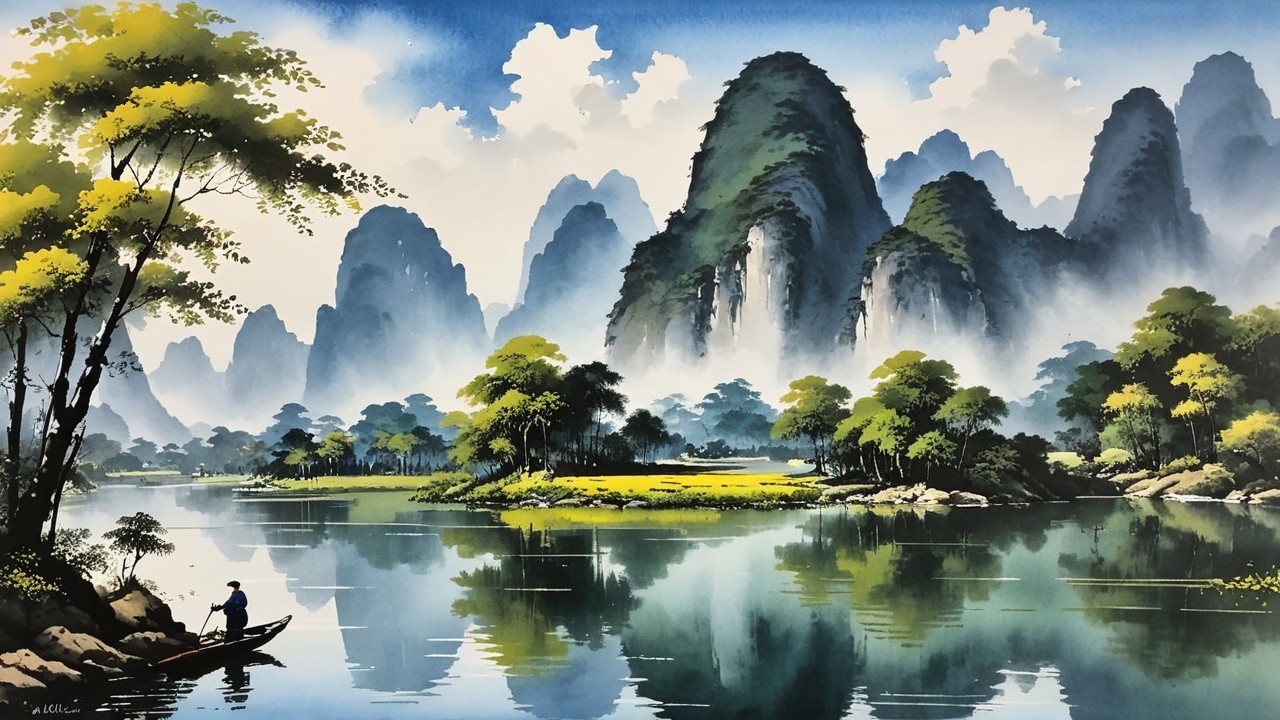 Serene Landscape with Misty Mountains and River