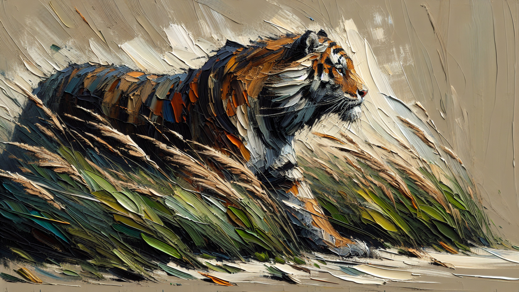 Majestic tiger in tall grasses with textured brushstrokes