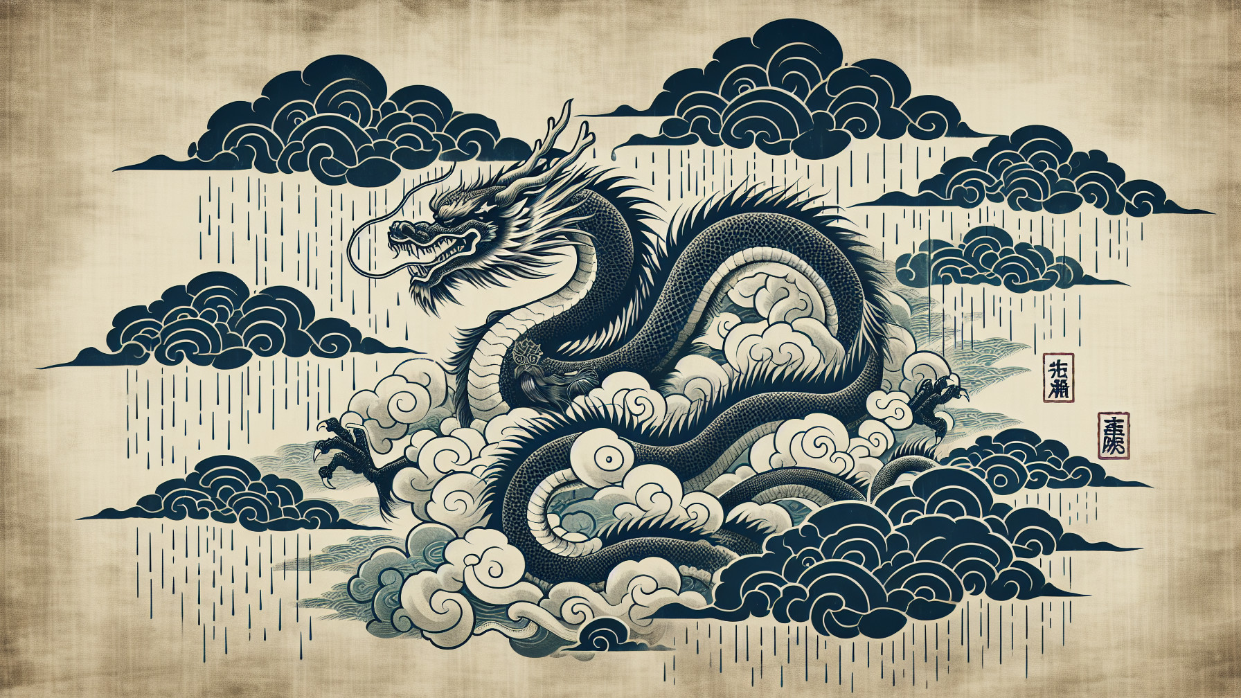 Majestic dragon among clouds with textured background
