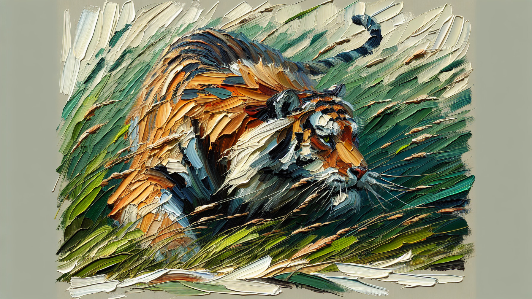 Textured painting of a tiger in tall grass