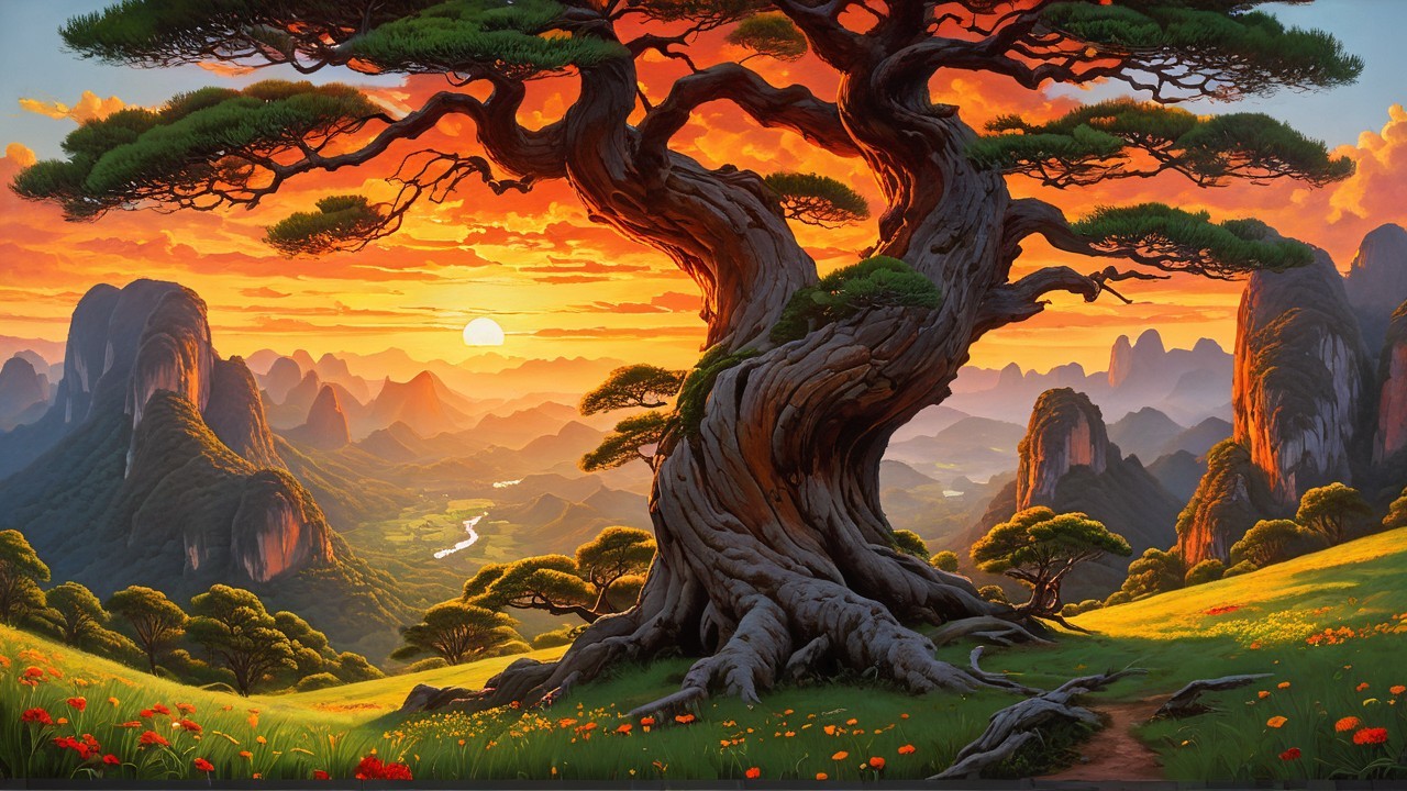 Epic Landscape with Ancient Pine Tree at Sunset