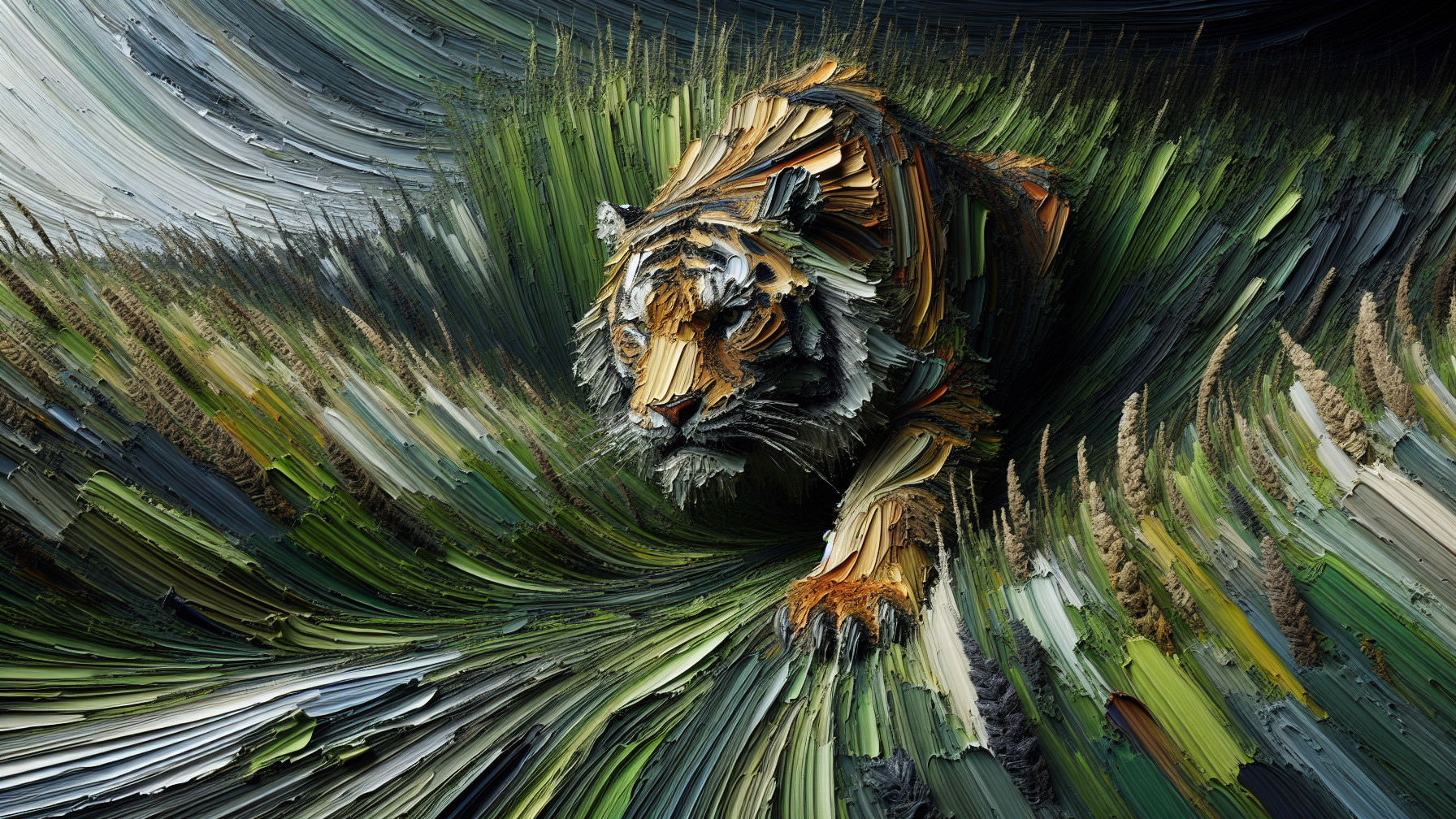 Abstract Tiger in Vibrant Grass with Dynamic Brushstrokes