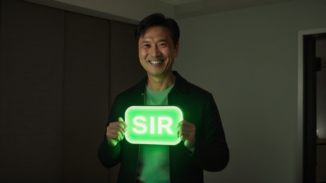Smiling Man with Glowing Green Sign in Dim Room