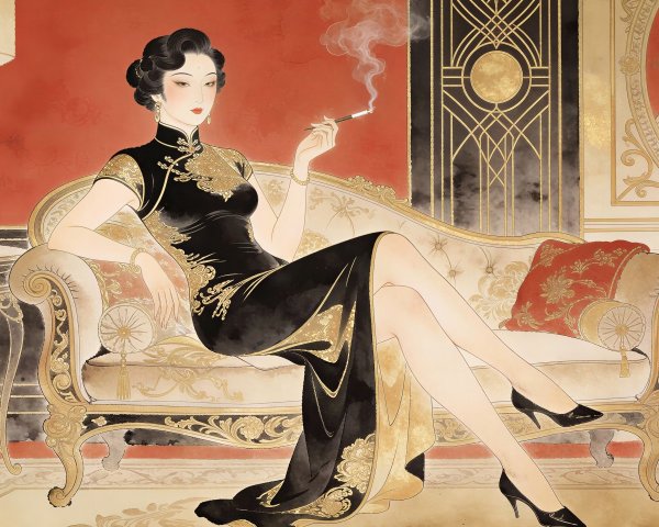 Elegant Woman in Black and Gold Cheongsam on Sofa