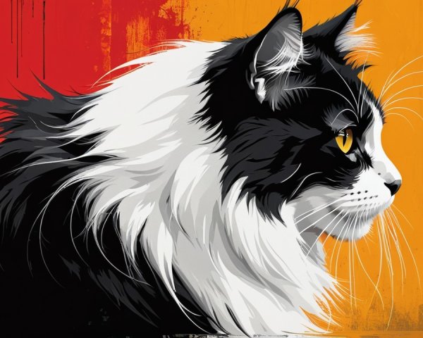 Stylized Black and White Cat Illustration with Vibrant Eyes