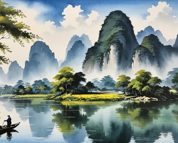 Serene Landscape with Misty Mountains and River