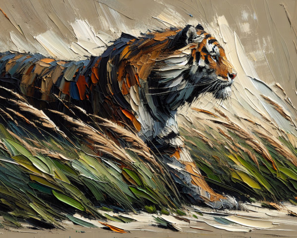 Majestic tiger in tall grasses with textured brushstrokes