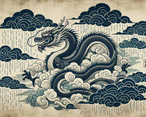 Majestic dragon among clouds with textured background