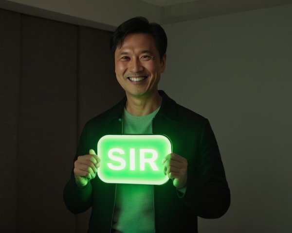 Smiling Man with Glowing Green Sign in Dim Room
