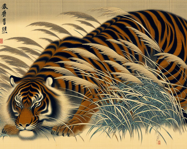 Traditional Artwork of a Crouching Tiger in Nature