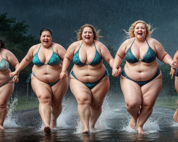 Plus-Size Women Celebrate Joy in Rainy Street Scene