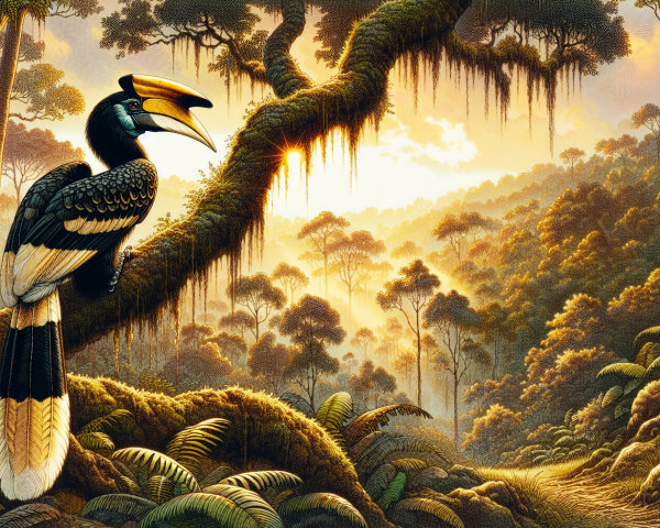 Hornbill on Mossy Branch in Rainforest at Sunrise