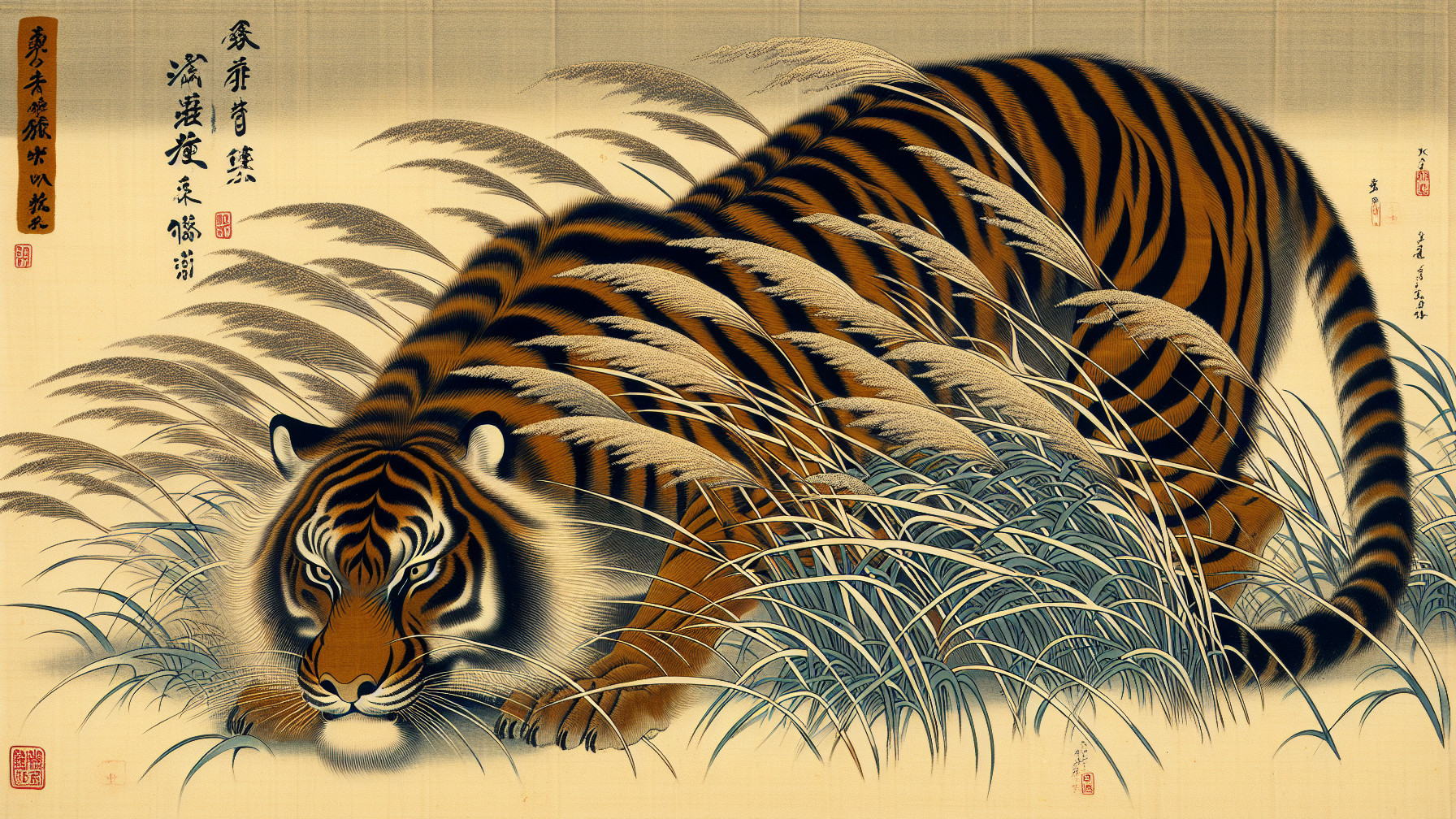 Traditional Artwork of a Crouching Tiger in Nature