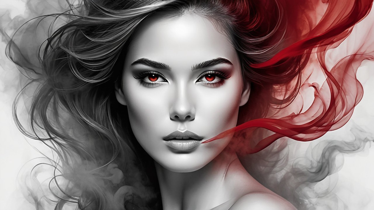 Portrait of a Woman with Red Eyes and Smoky Background