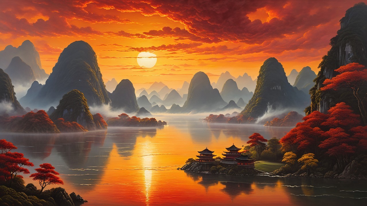 Sunset Landscape with Mountains, Lake, and Pagodas