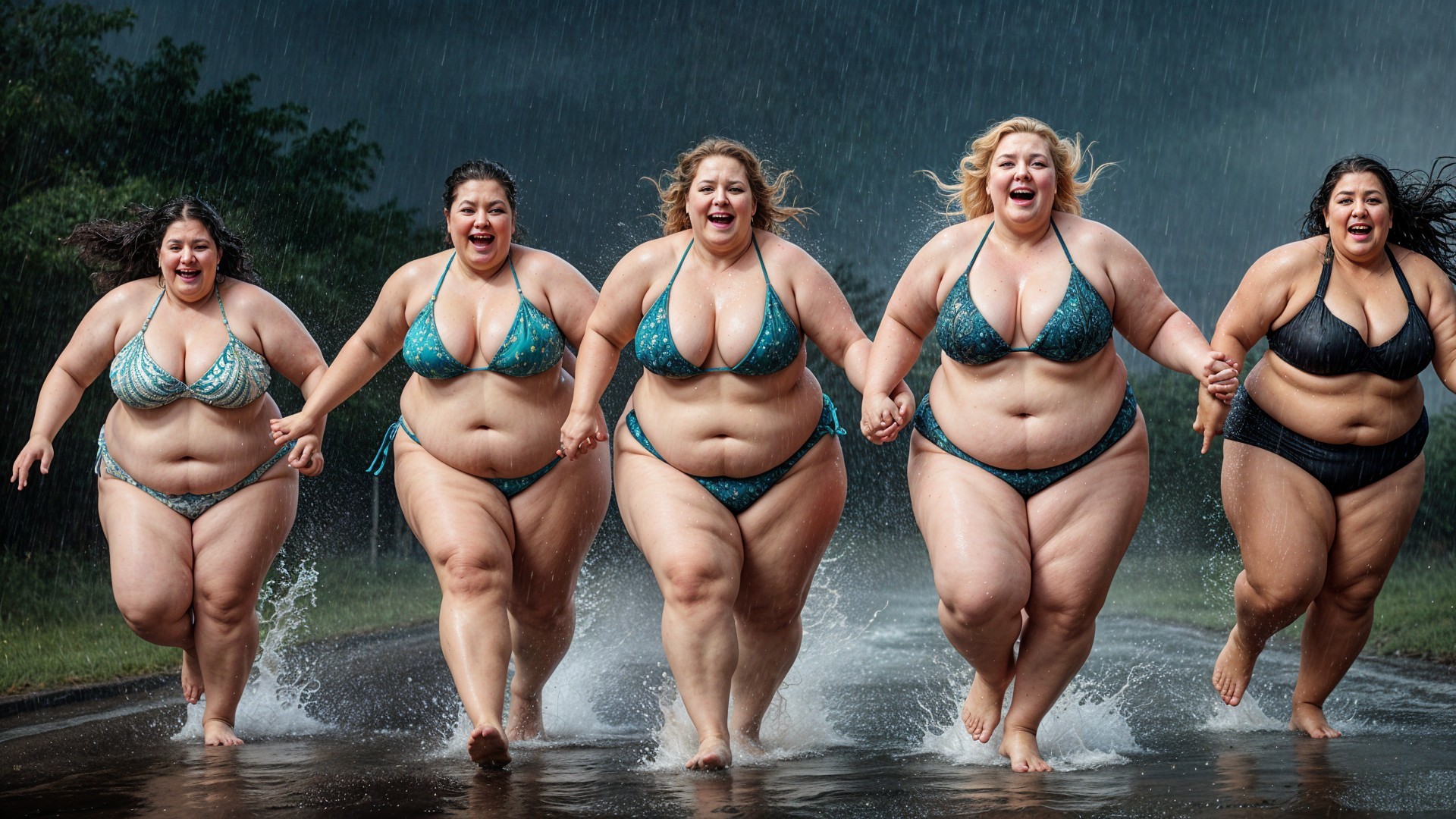 Plus-Size Women Celebrate Joy in Rainy Street Scene