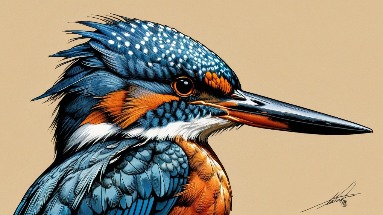 Illustration of a Kingfisher with Blue and Orange Plumage