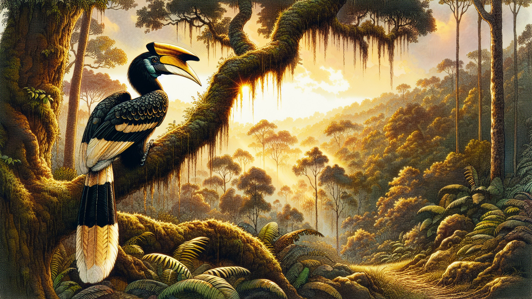Hornbill on Mossy Branch in Rainforest at Sunrise
