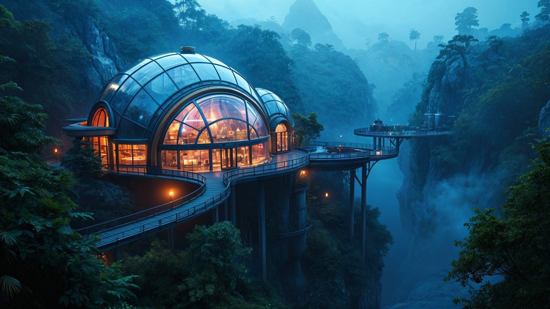 Futuristic Glass Dome Structure Over Misty Canyon