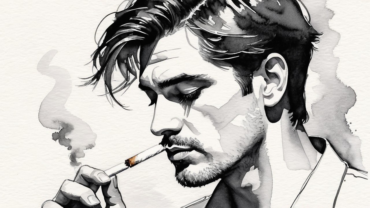 Stylized Black-and-White Illustration of a Man Smoking