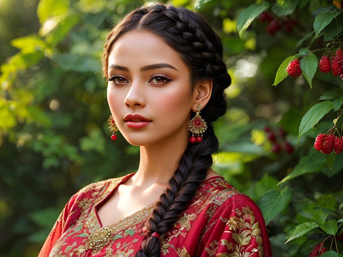 Young Woman in Traditional Outfit Surrounded by Nature