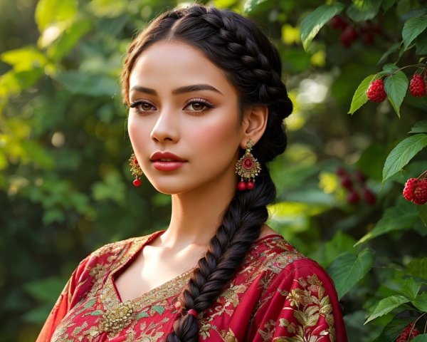Young Woman in Traditional Outfit Surrounded by Nature
