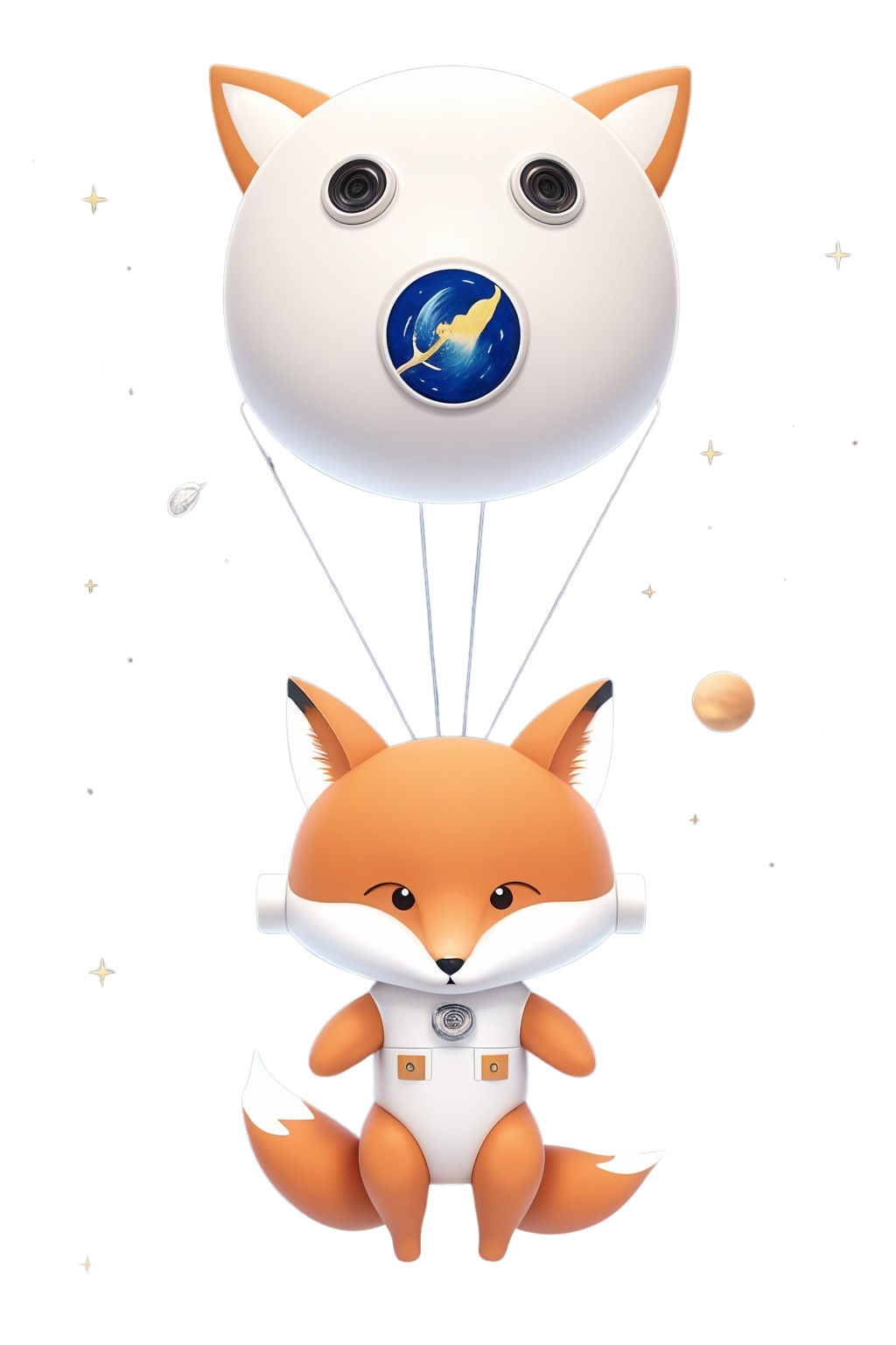 Cartoon Fox in Space Suit Under Planet-Like Balloon