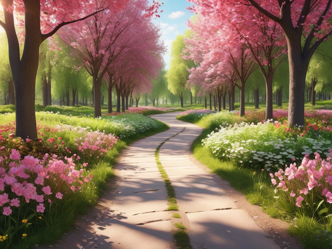 Serene Pathway in a Vibrant Cherry Blossom Park