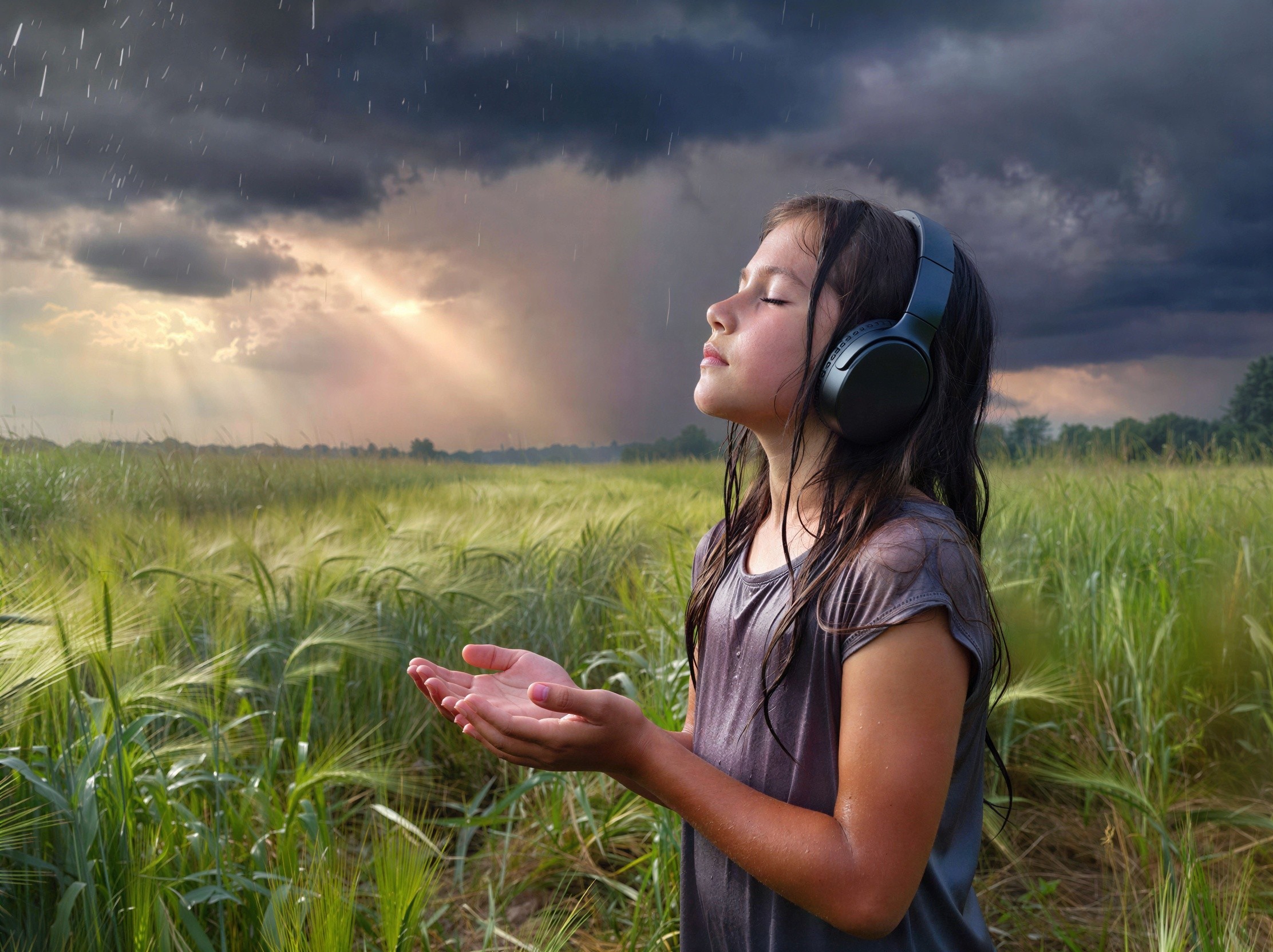 Young girl in a green field with wet hair and t-shirt