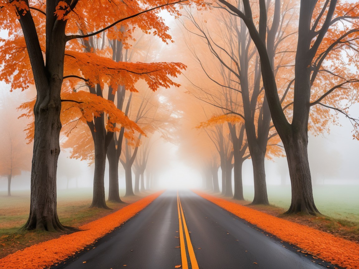 Foggy Autumn Road Surrounded by Vibrant Trees