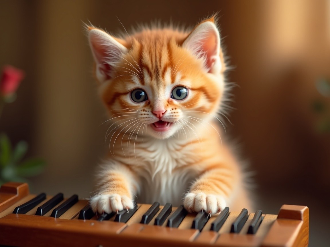 Playful orange tabby kitten with blue eyes and keyboard