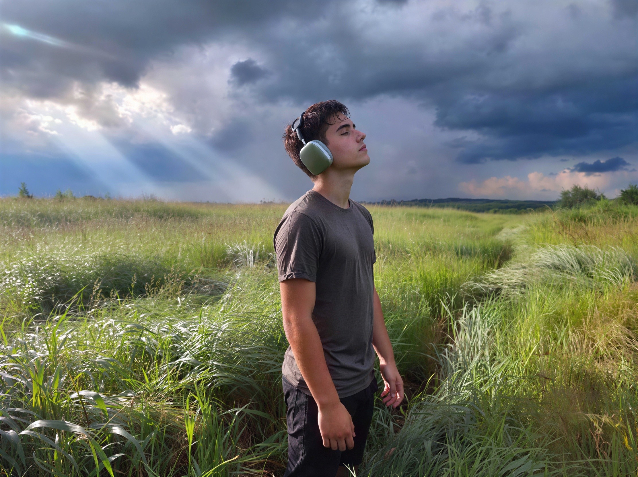 Young man in field with headphones and cloudy sky