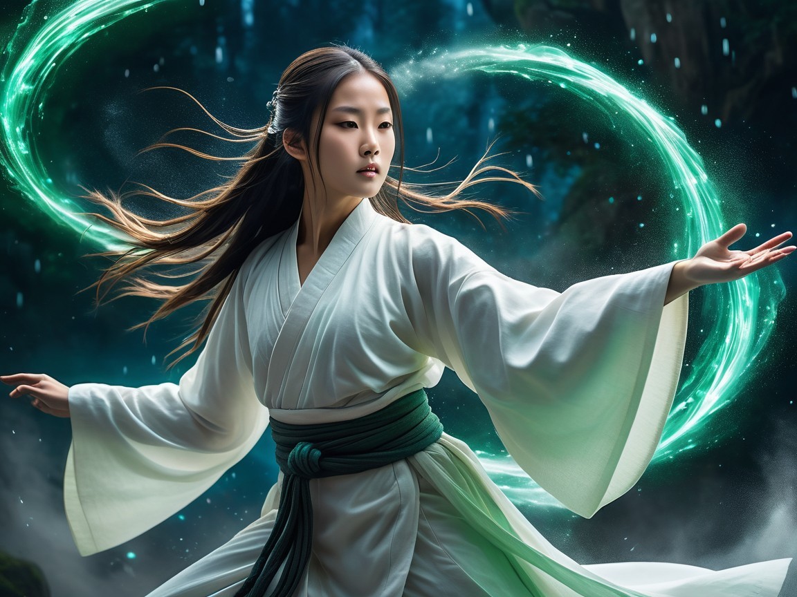 Young woman in kimono with glowing green energy backdrop