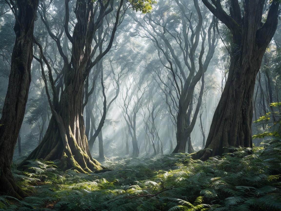 Mystical Forest with Ancient Trees and Lush Ferns