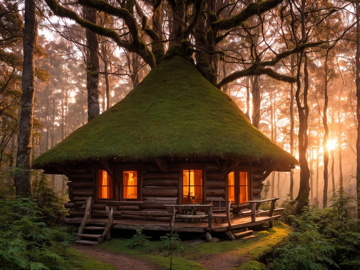 Log Cabin with Moss Roof in Enchanted Forest Setting