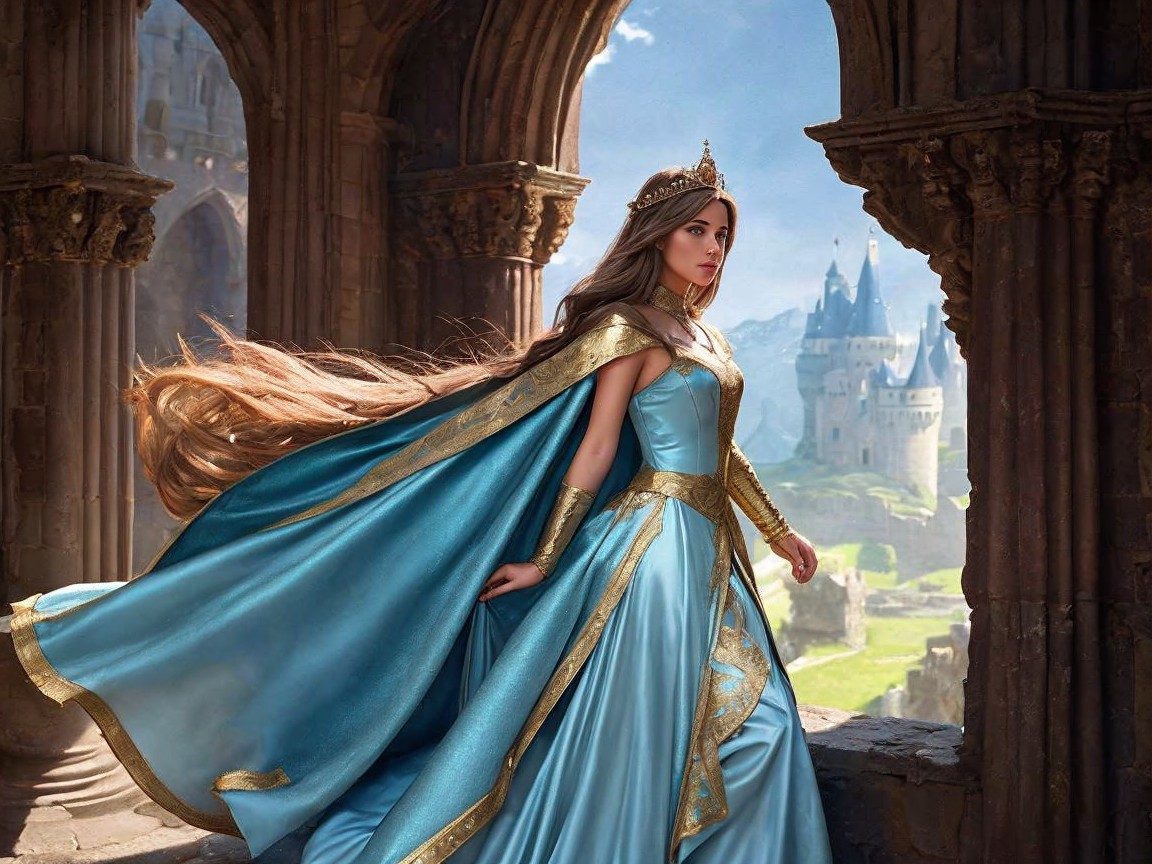 Regal figure in blue gown at castle window scene