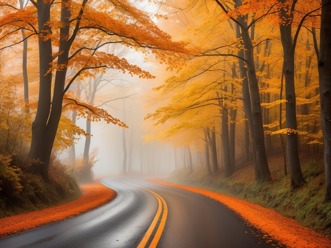 Winding Road Through Autumn Forest with Vibrant Foliage